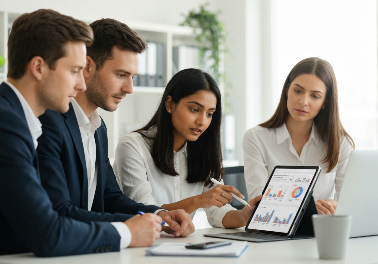 Marketing team discussing strategy and data