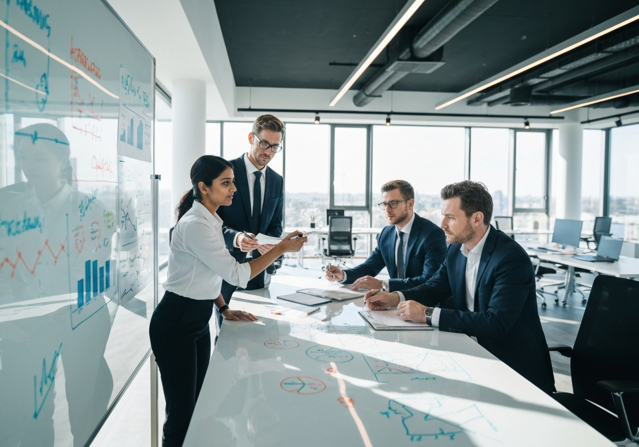 Team of elite marketing professionals analyzing data on a glass whiteboard in a modern office