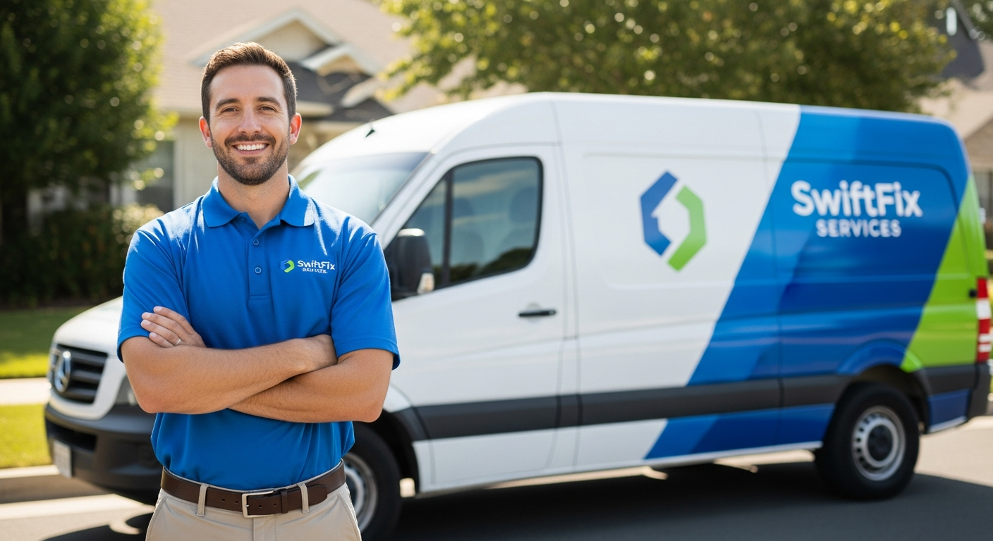 Confident home service business owner standing in front of a service van