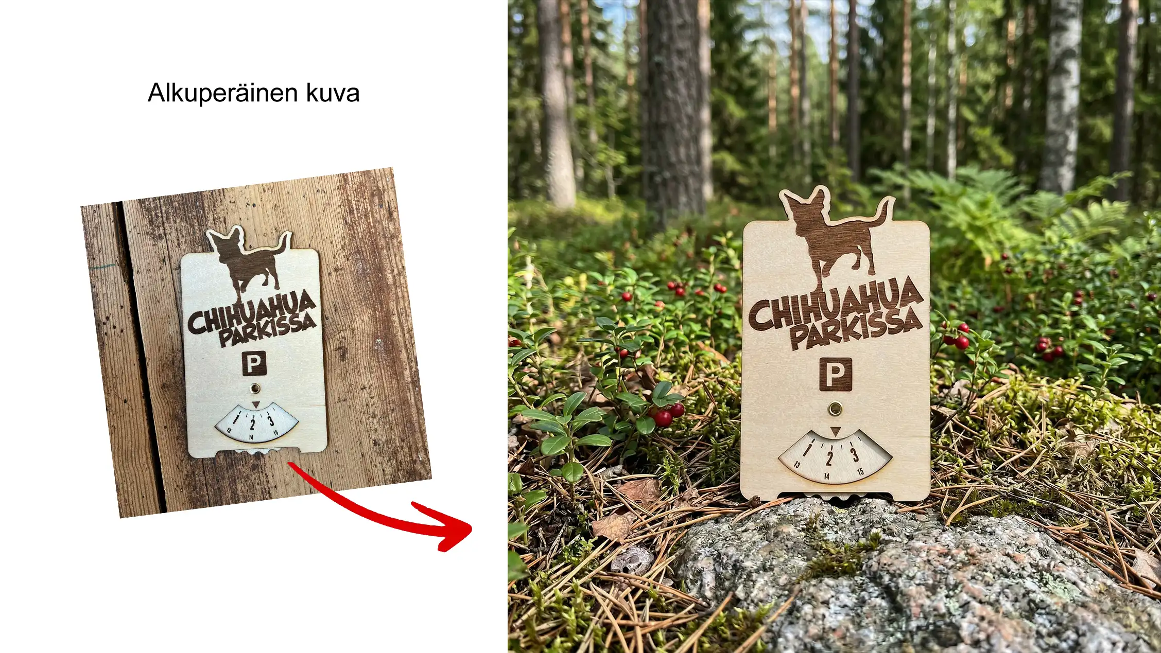 Chihuahua parkkikiekko metsässä tekoälyllä luotuna