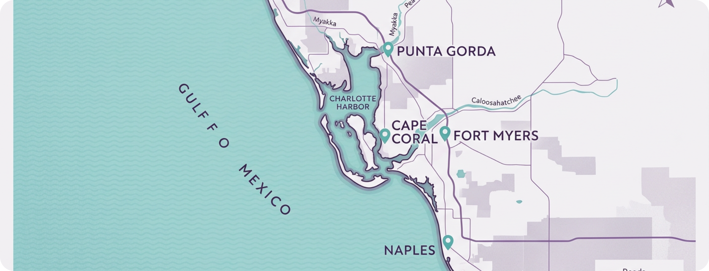 Map of South West Florida showing Punta Gorda, Cape Coral, and Fort Myers