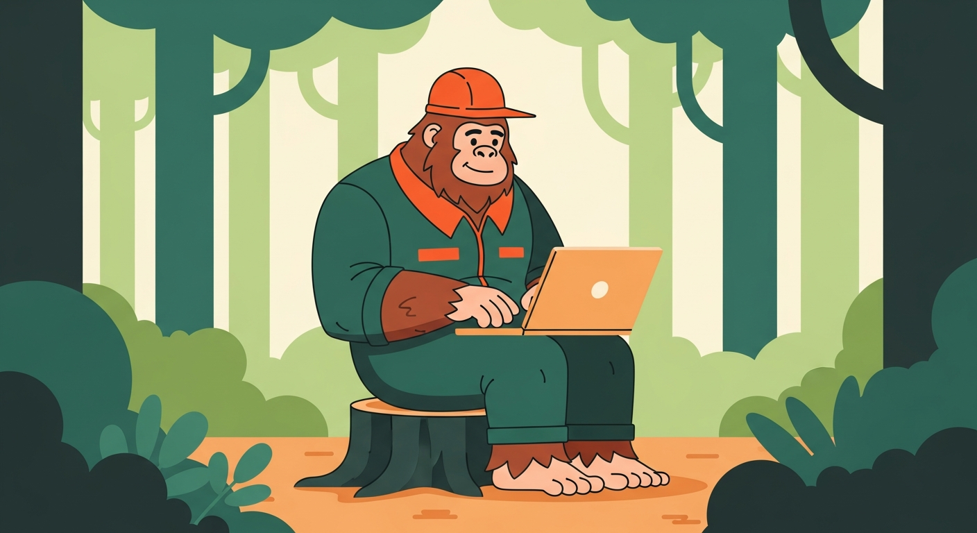Large 16:9 2D cartoon brown bigfoot sitting on a stump in the woods with his laptop on his lap typing, dressed as a home service business owner, using brand color palette