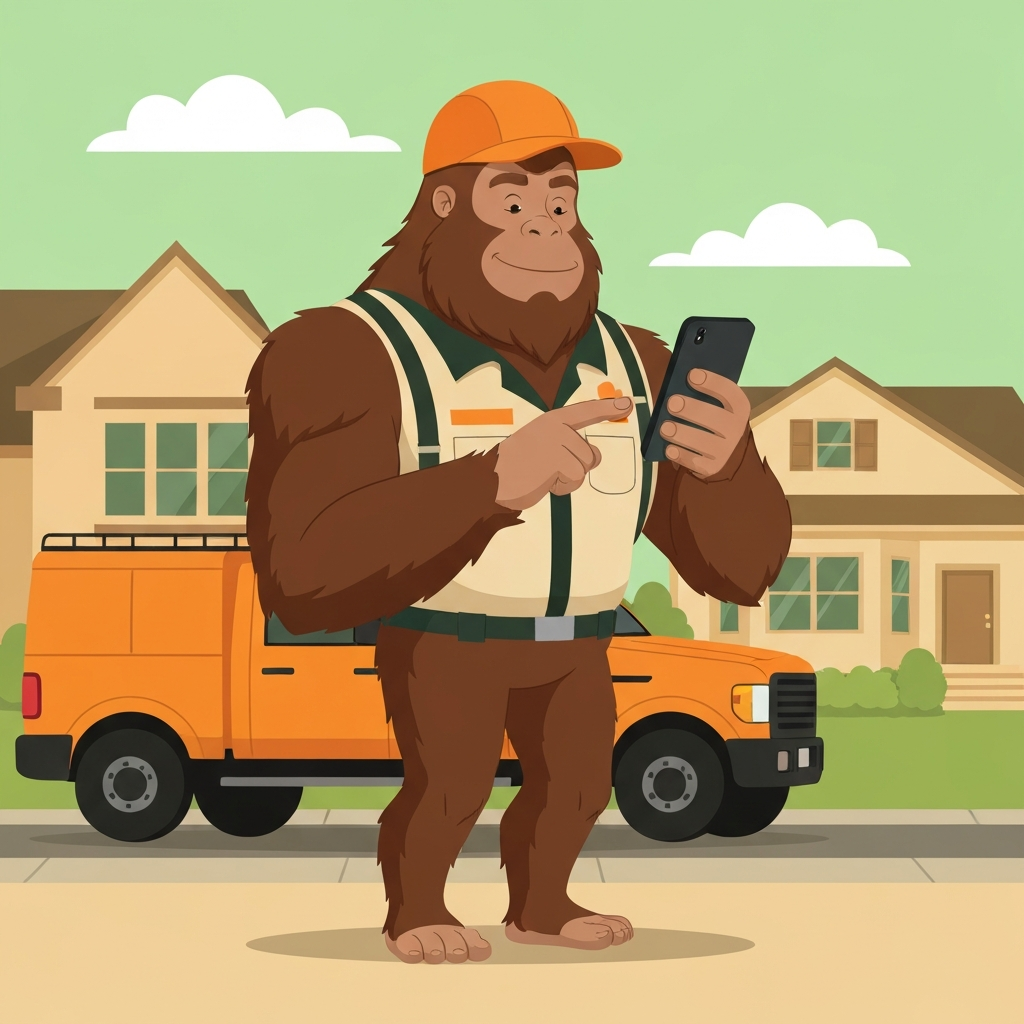 2D cartoon brown bigfoot standing in front of his work truck in a neighborhood, dressed as a home service business owner with uniform and hat, looking at his smartphone contently and pressing the screen with one finger, using brand color palette