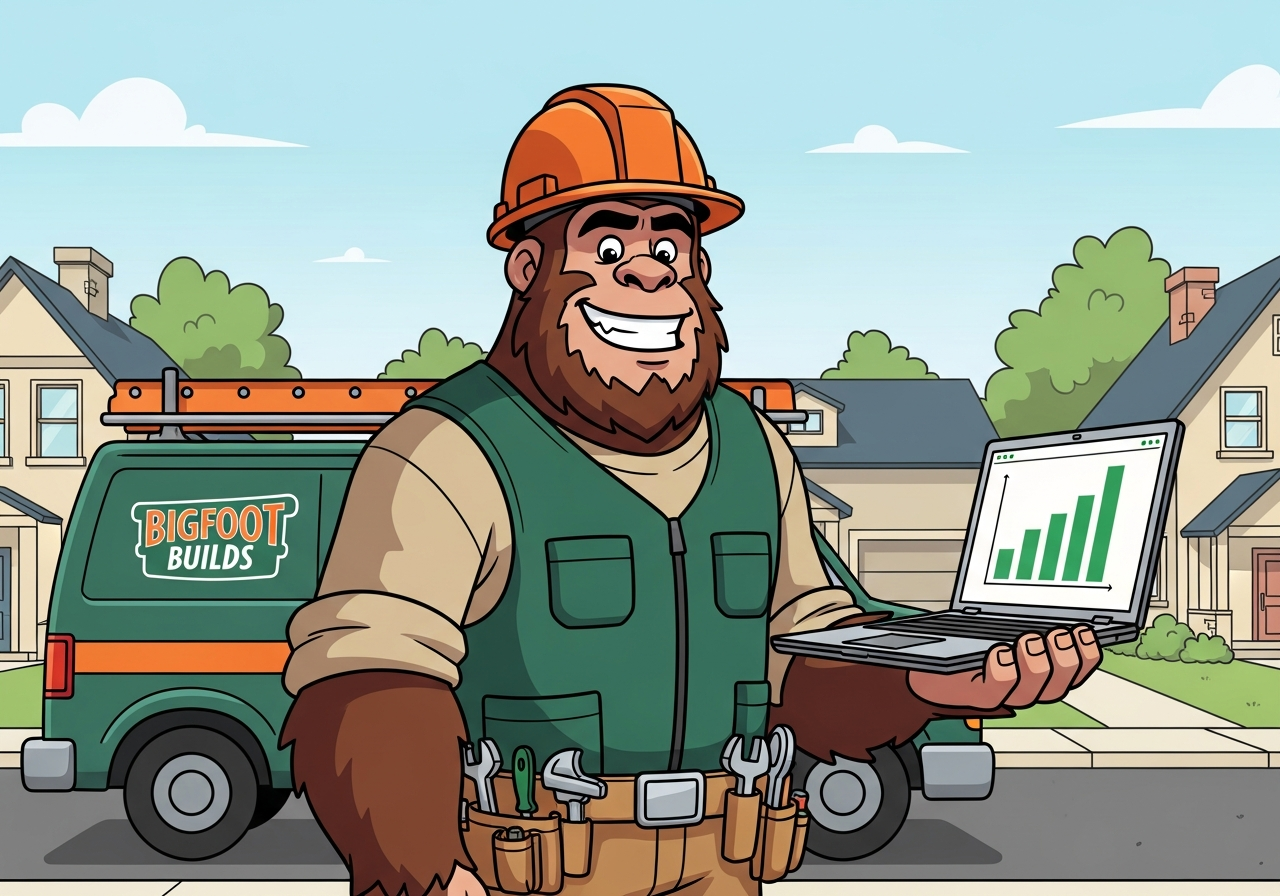 Tall cartoon brown Bigfoot dressed as a home service contractor smiling and holding a laptop facing himself with his van in a neighborhood