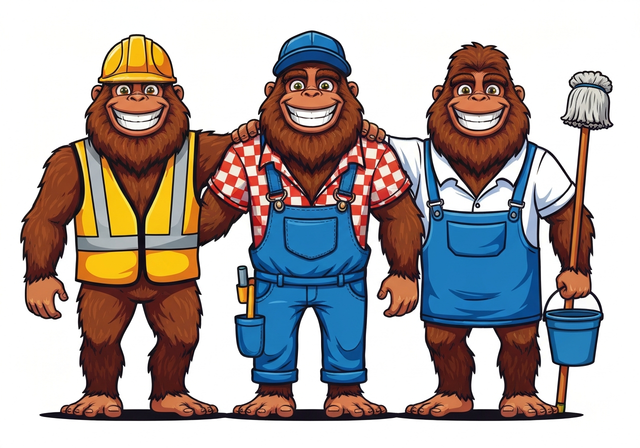 Three identical smiling cartoon Bigfoots dressed in different home service uniforms: hard hat, overalls, and janitorial clothes