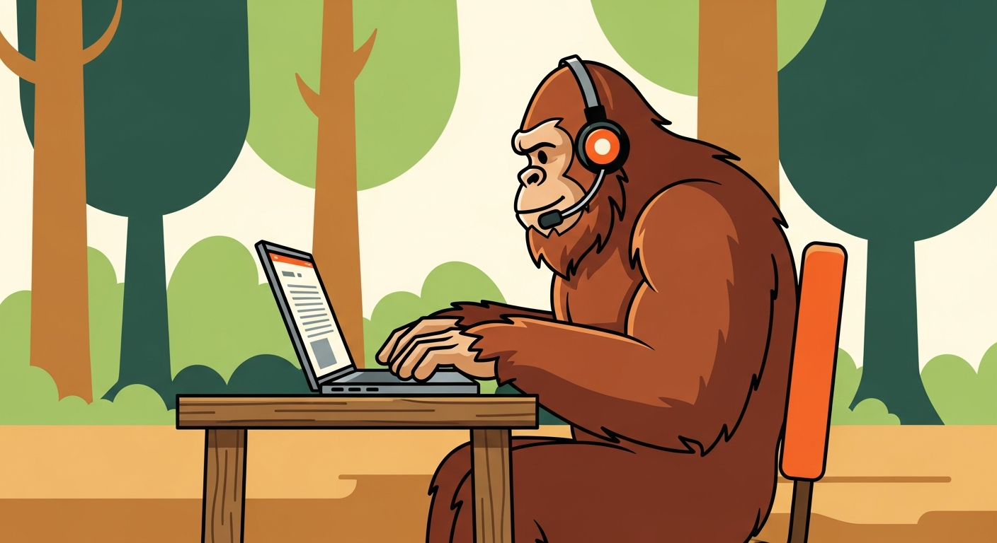 Large 2D cartoon brown bigfoot sitting at a desk in the woods with a headset on and typing on a laptop