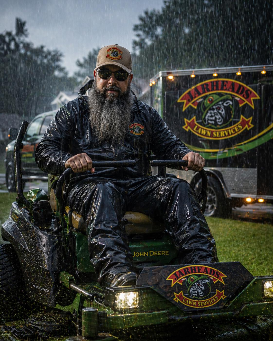Jarheads Lawn Services owner working in the rain