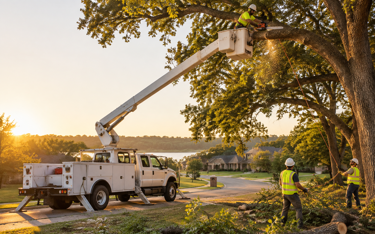 Tree service crew working in a large oak canopy from a bucket truck at golden hour
