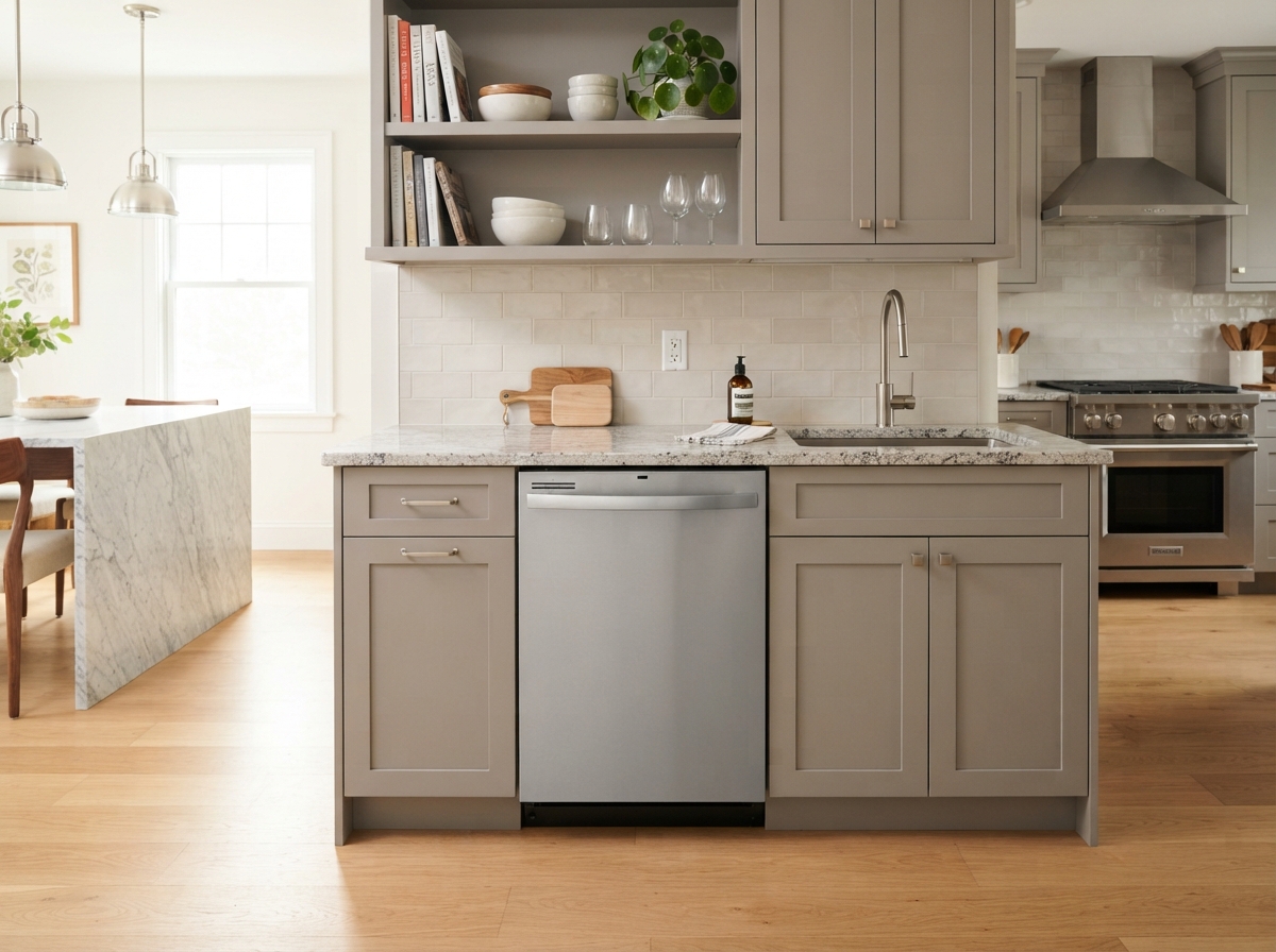 Dishwasher closed under the countertop in a modern kitchen