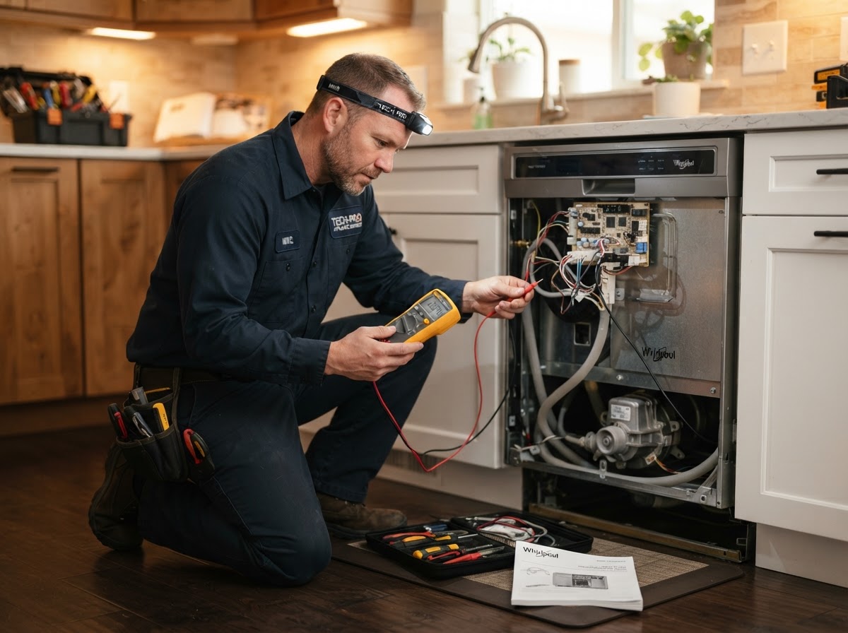 Technician kneeling and working on an open dishwasher