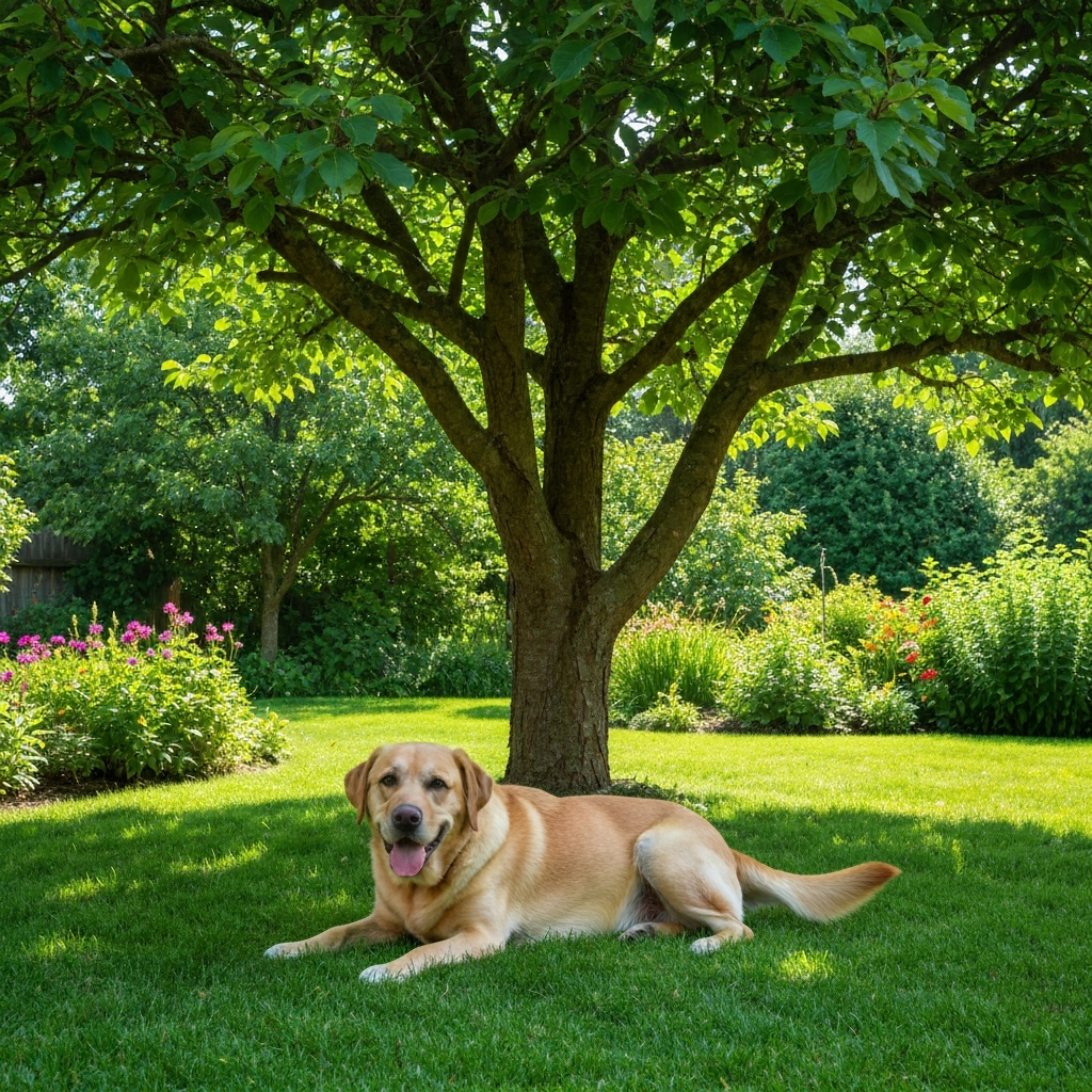 Dog resting safely in shaded backyard