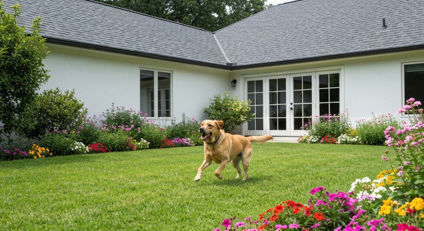 Happy dog running in a yard