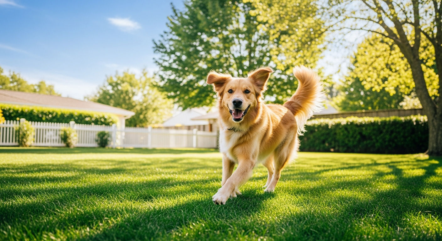 Happy dog running freely in a yard