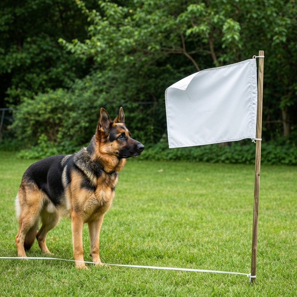 Dog looking at boundary flag