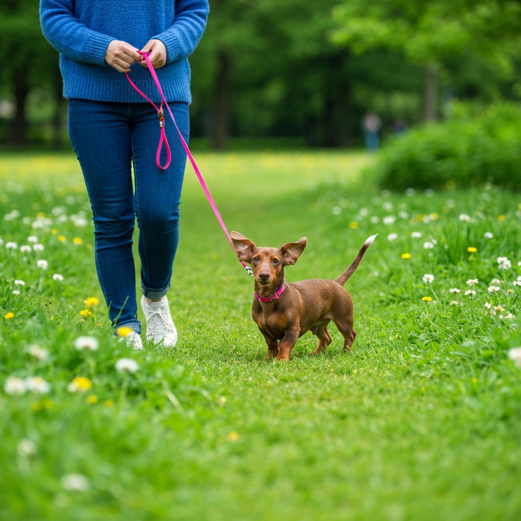 Person walking puppy in park