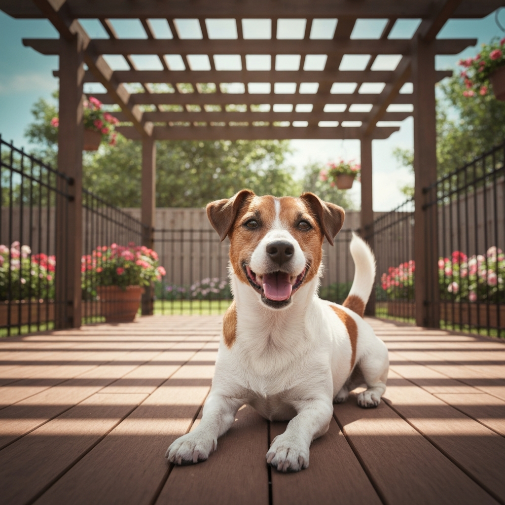 Dog playing safely in a fenced yard