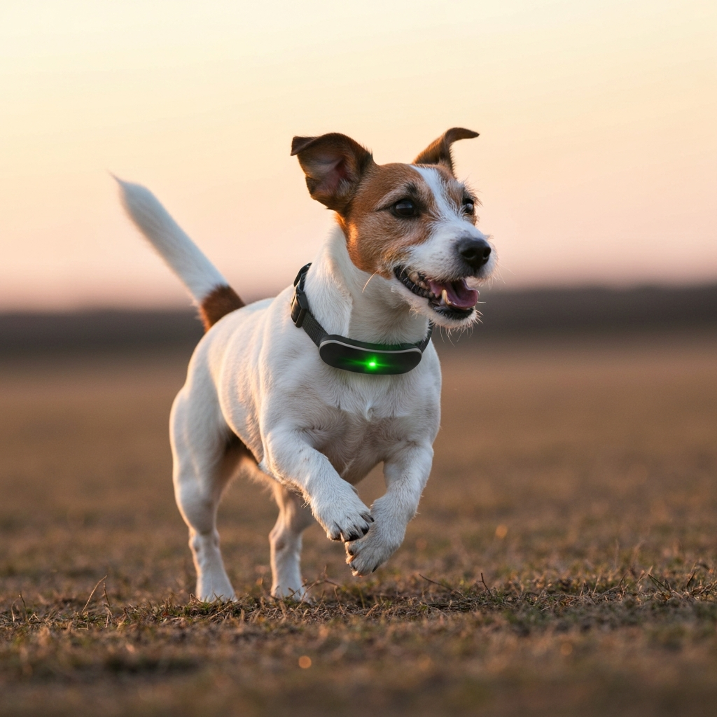 Jack Russell terrier wearing a streamlined modern hidden dog fencing collar with a green light
