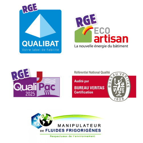 Certifications RGE Qualibat, Eco Artisan, QualiPAC, Bureau Veritas et attestation de manipulation des fluides frigorigènes