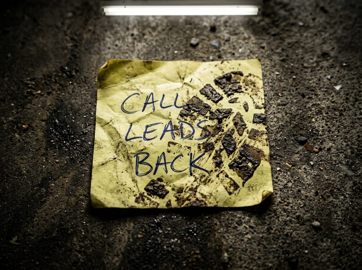 Crumpled sticky note reading 'Call leads back' with a boot print on it