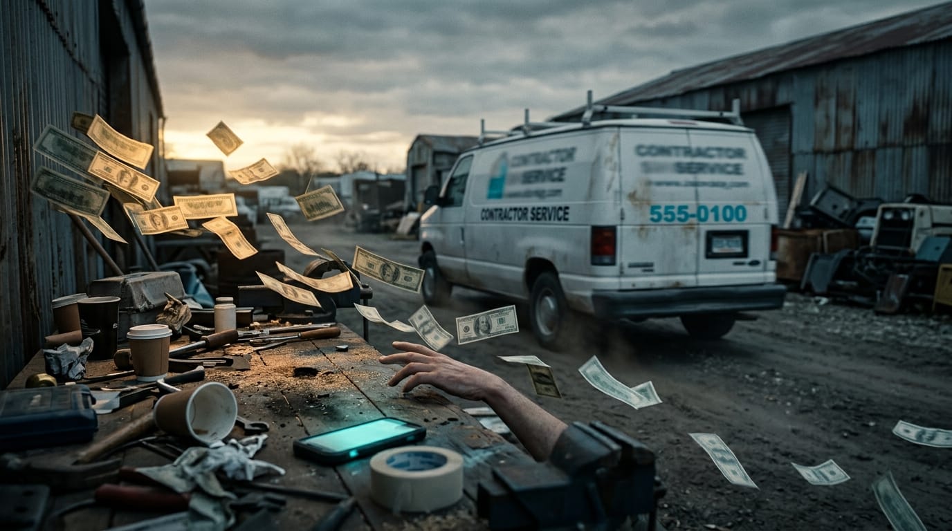 Dollar bills blowing off a workbench