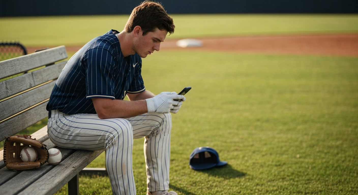Baseball player looking at phone during practice
