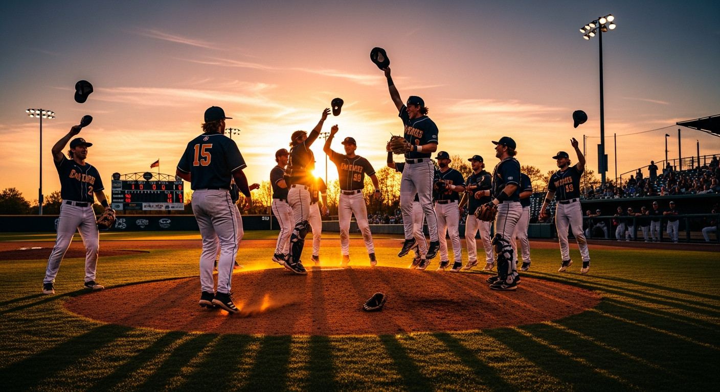 Collegiate baseball team on the field at sunset