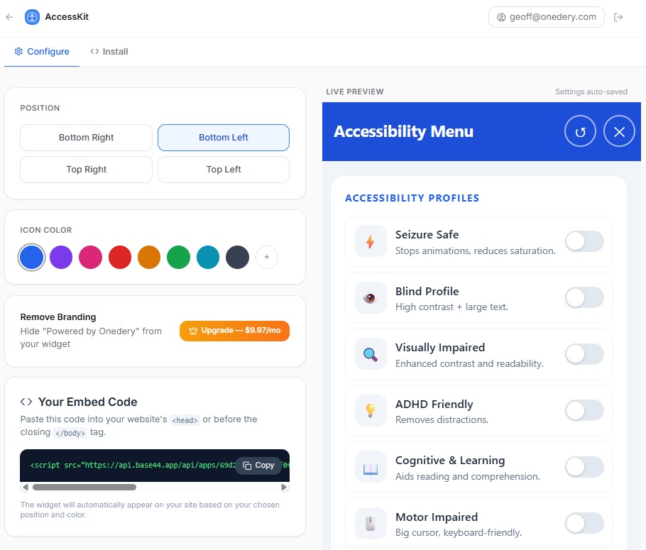 AccessKit ADA widget configuration dashboard