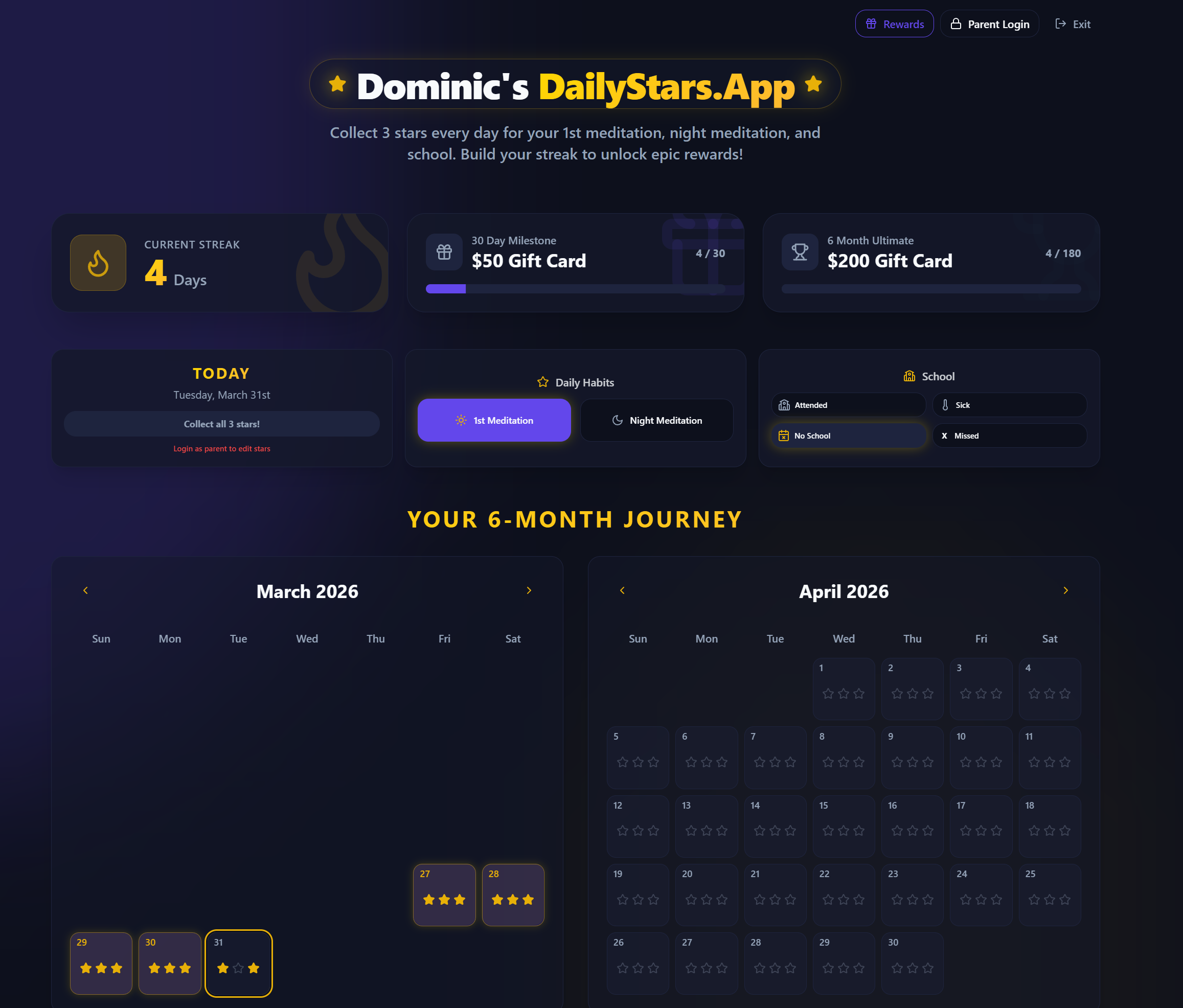 Dashboard UI showing daily progress and stars