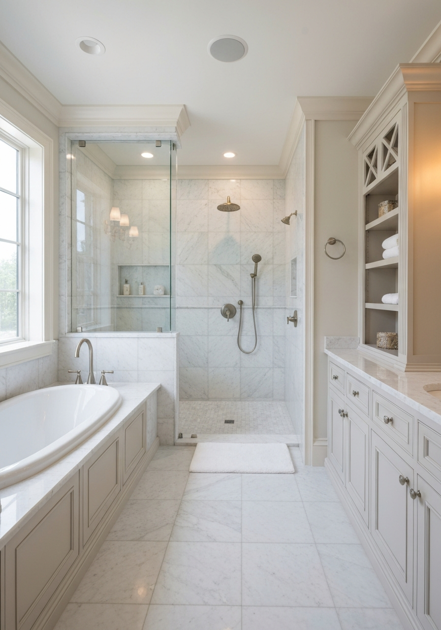 Luxurious bathroom remodel with marble tiling and cabinetry