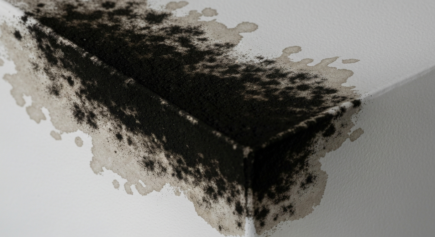 Severe black mould covering a ceiling corner and exterior wall in a Northern Ireland home before PIV installation