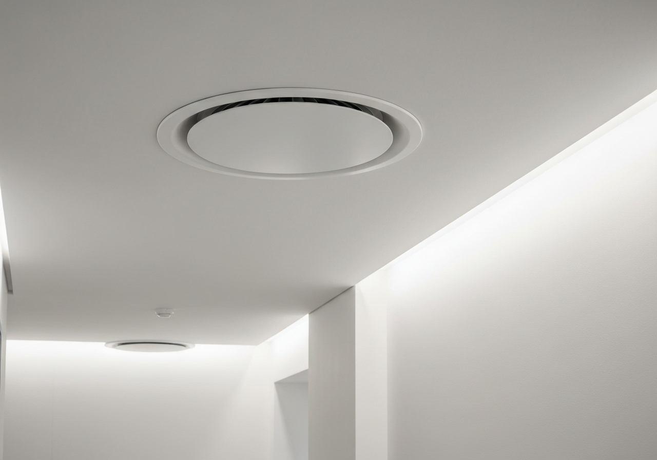Drimaster PIV unit ceiling diffuser vent installed on a hallway landing, providing whole-home ventilation