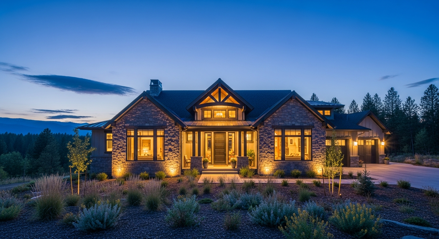 Luxury Idaho home exterior at twilight