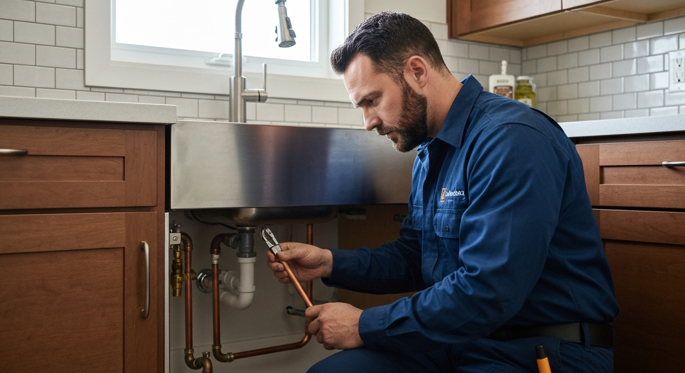Professional plumber working on pipes