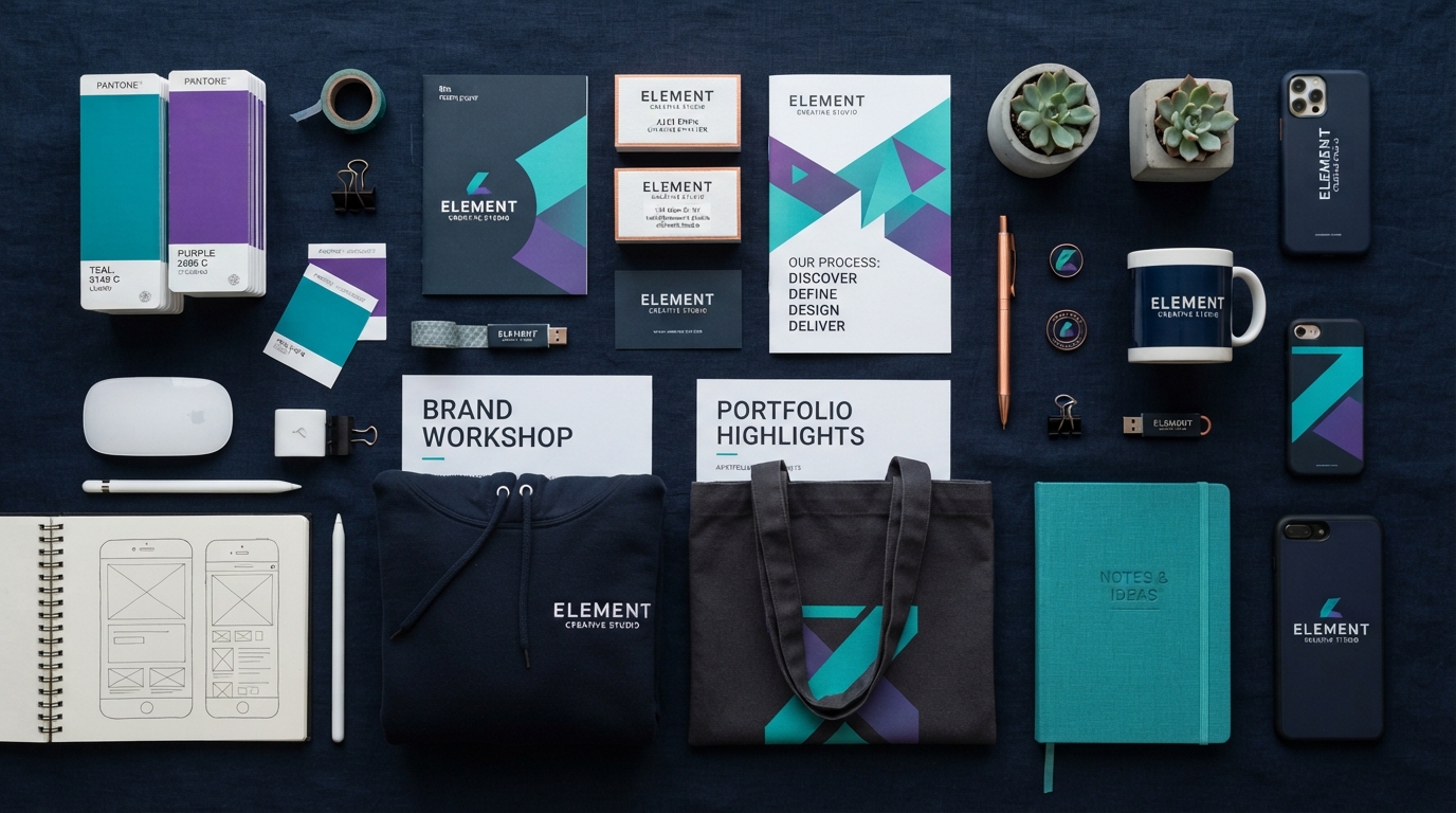Custom print and design materials including business cards, brochures, and branded promotional items