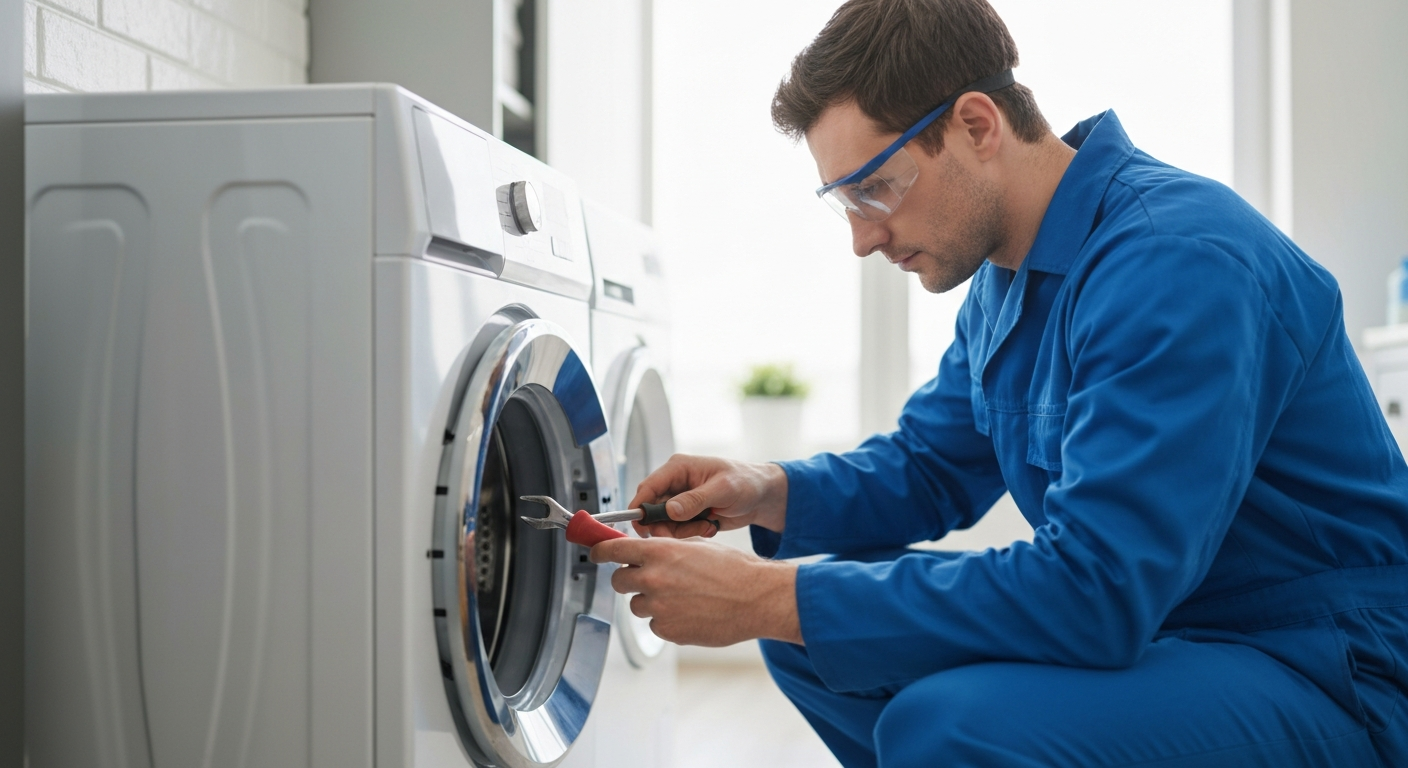 Appliance repair technician working on a washing machine