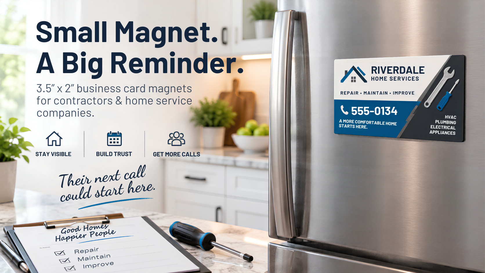 Custom business card magnets on a refrigerator for home service contractors