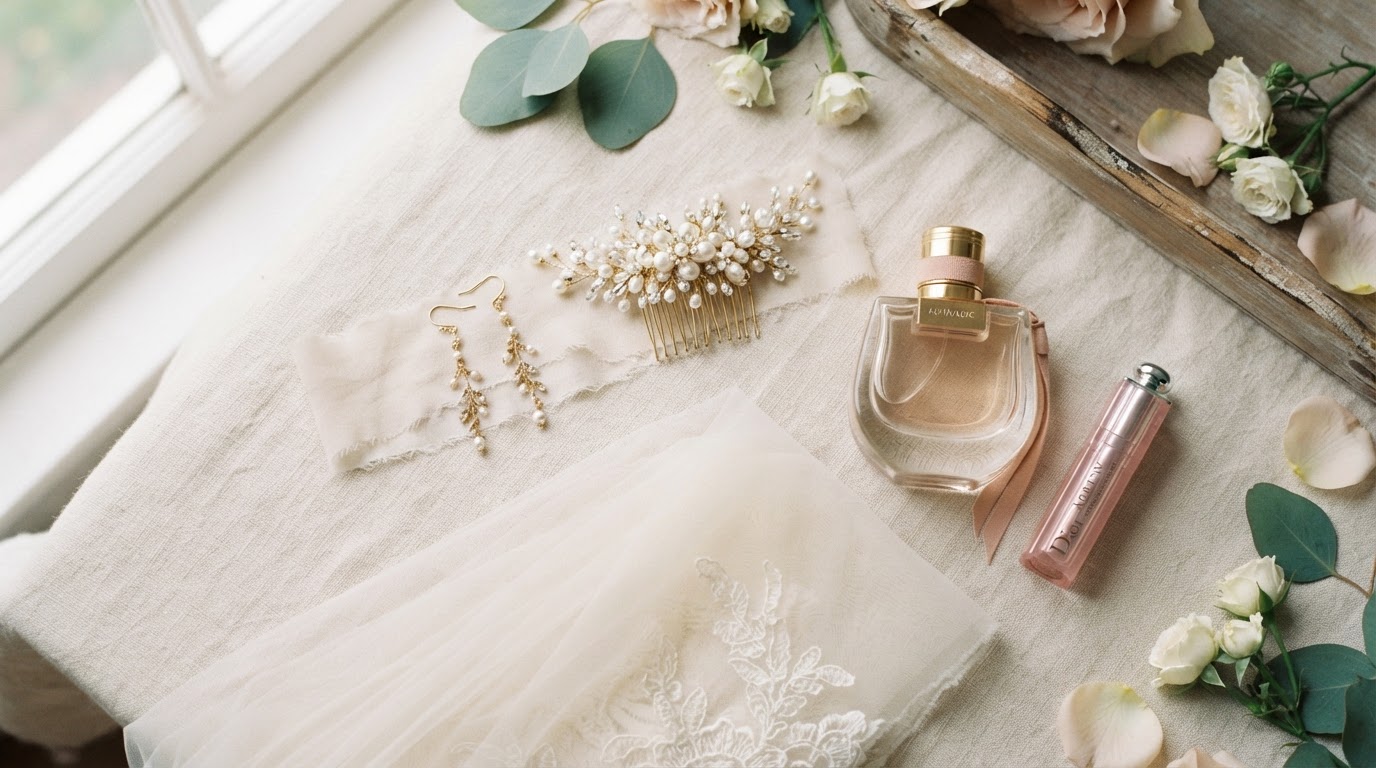 Bridal detail flat lay with earrings, veil, and perfume