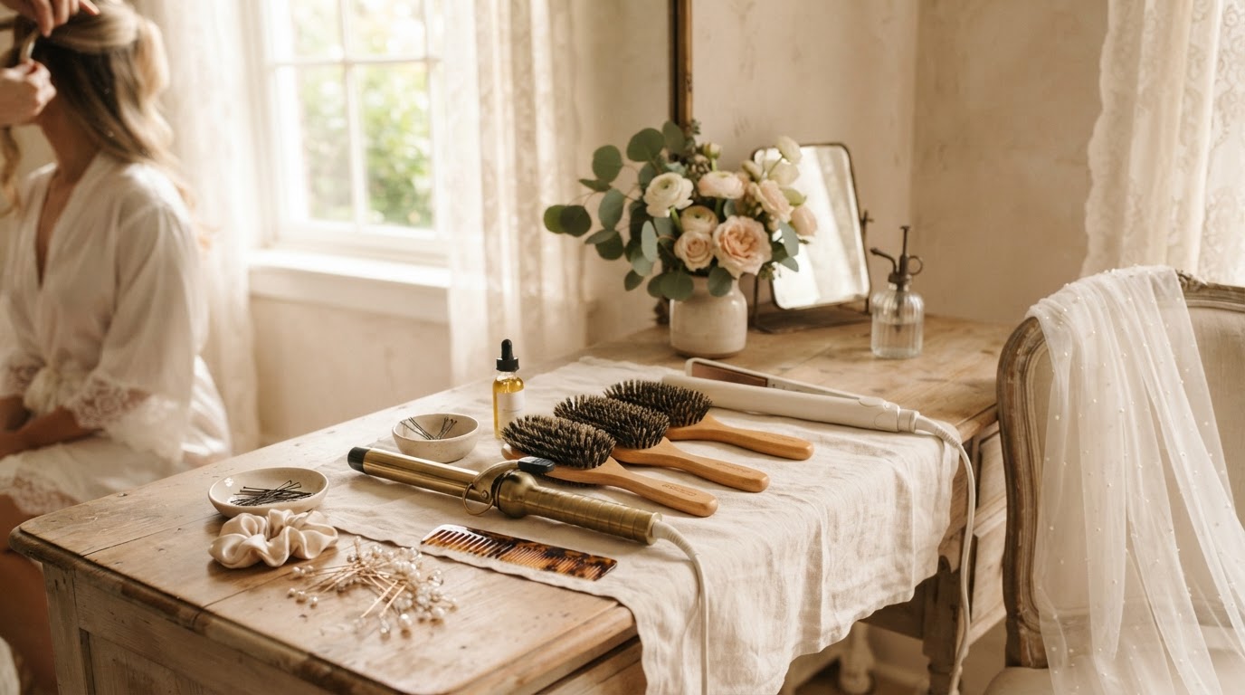 Bridal getting-ready vanity with hair styling tools and natural light