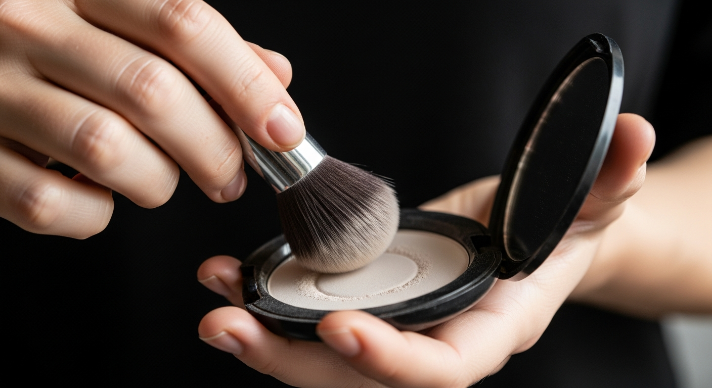 Makeup artist dipping brush into powder