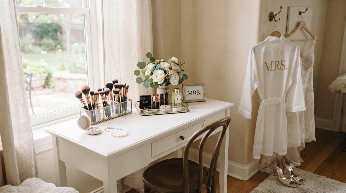 Bright bridal getting-ready vanity with natural light