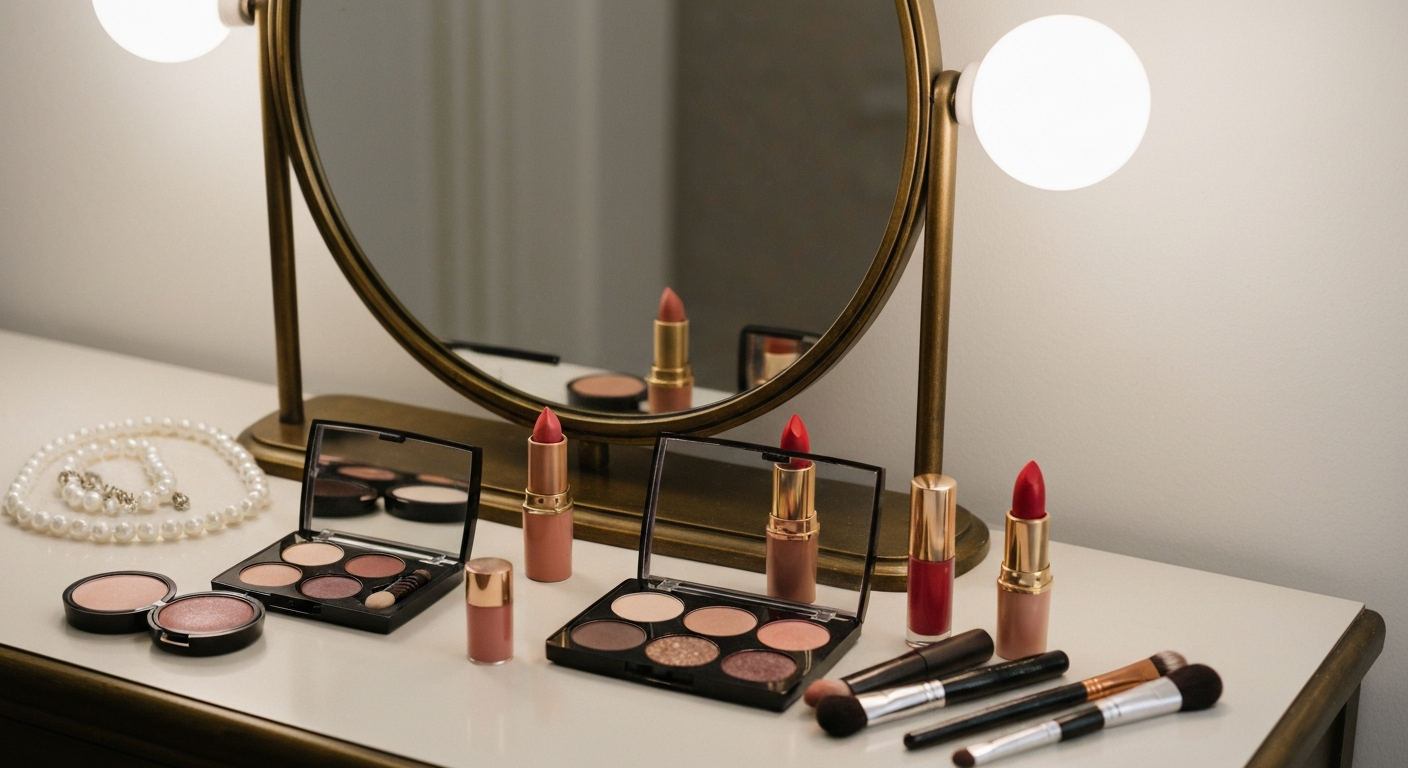 Vanity mirror with professional makeup arranged on the counter