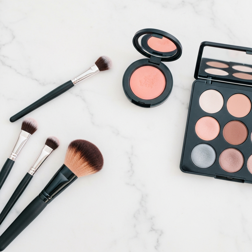 Bridal makeup flat lay with brushes and palette