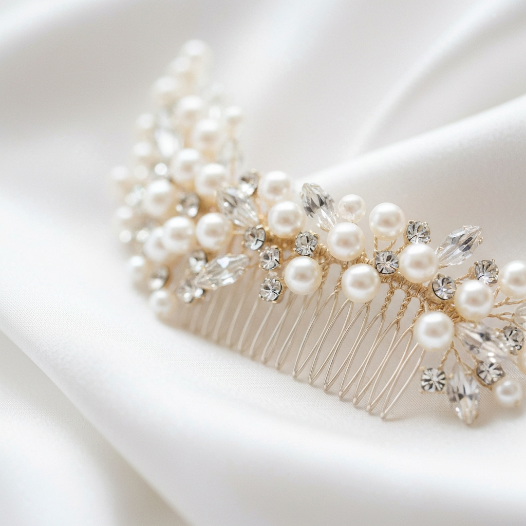 Delicate bridal hair comb on silk