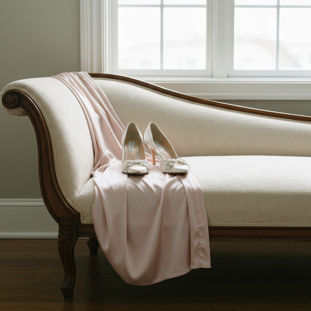 Bridal preparation scene with robe and shoes