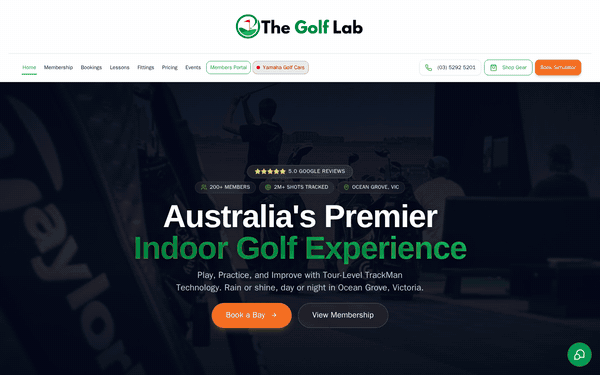 Animated walkthrough of The Golf Lab website scrolling through the homepage and AI chatbot