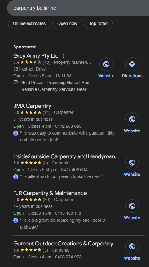 Gumnut Carpentry ranking on Google for Bellarine