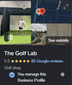The Golf Lab Google Business Profile with 80 five-star reviews (91 total), open under 2 years