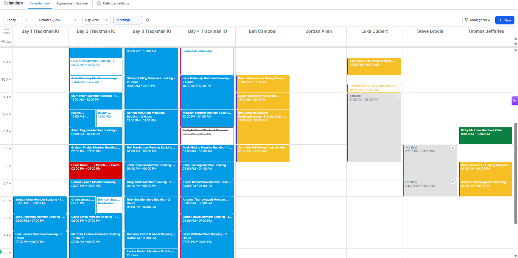 GTS Backend Calendar for The Golf Lab showing colour-coded Trackman bay and coach bookings