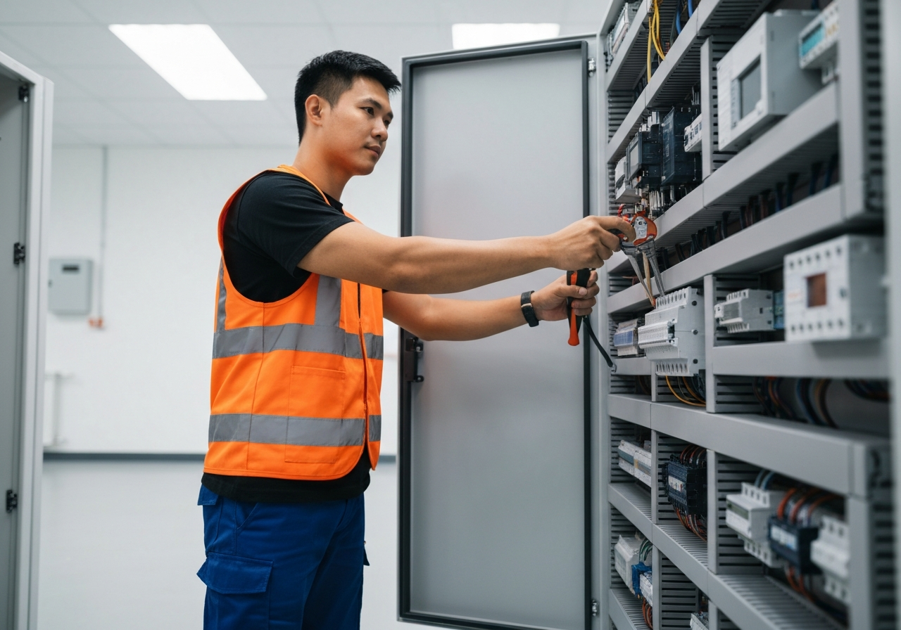 Electrician working on a panel