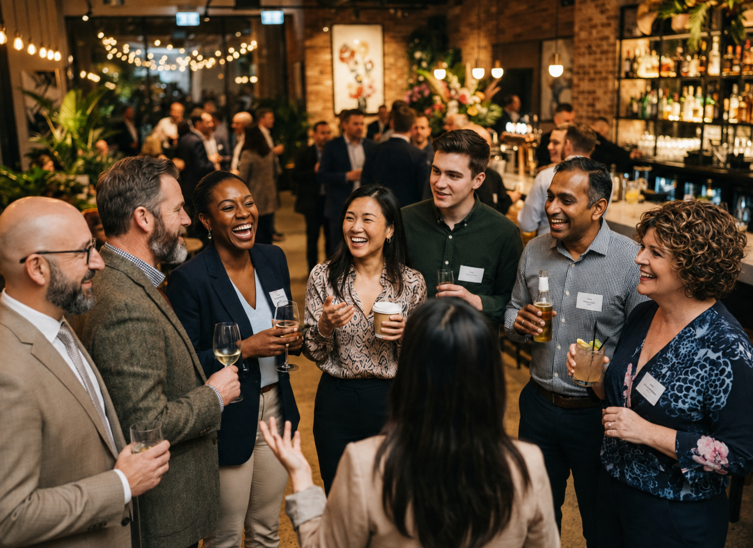 Diverse Tulsa professionals networking and casually talking at a business networking event